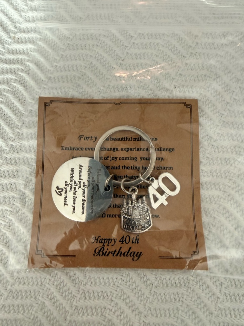 40th Birthday Silver Charm Keychain - '40' Number & Cake Charms